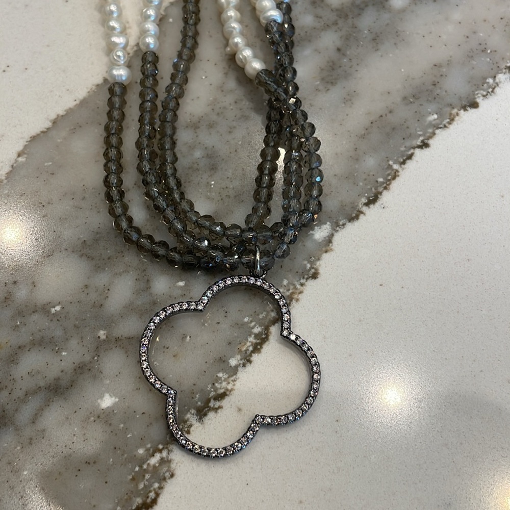 Fresh Water Pearl/Amber Crystal/ Rhinestone Quatrefoil Necklace